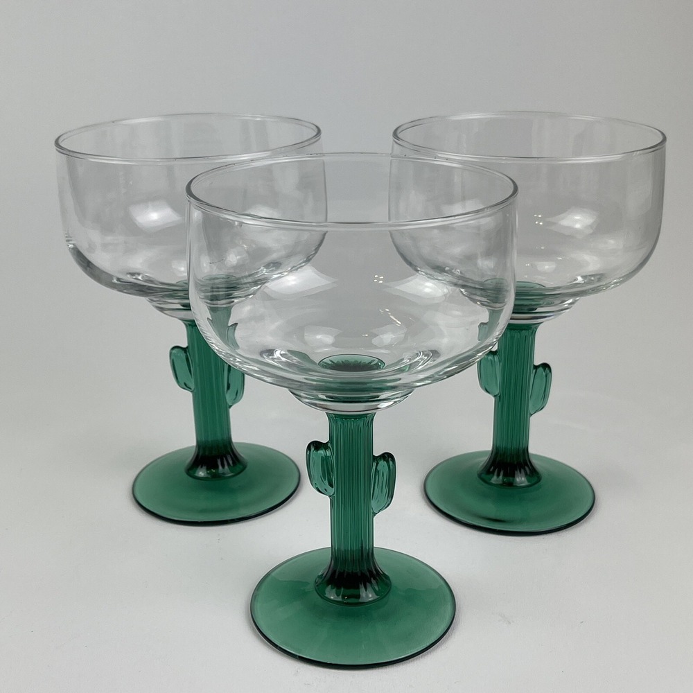 Libbey Cactus Stemmed Margarita Glass Set of 3 6.25x4" Green